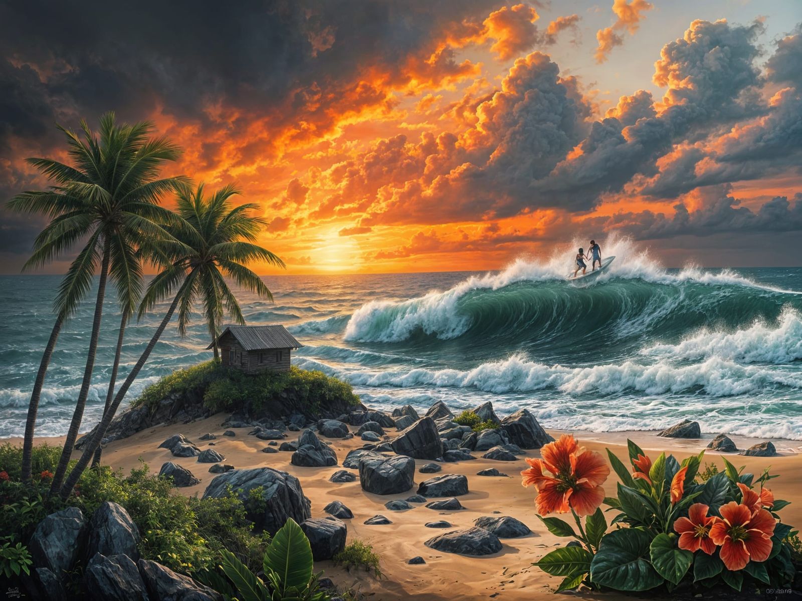 Vibrant Sunset Oasis with Stormy Sea