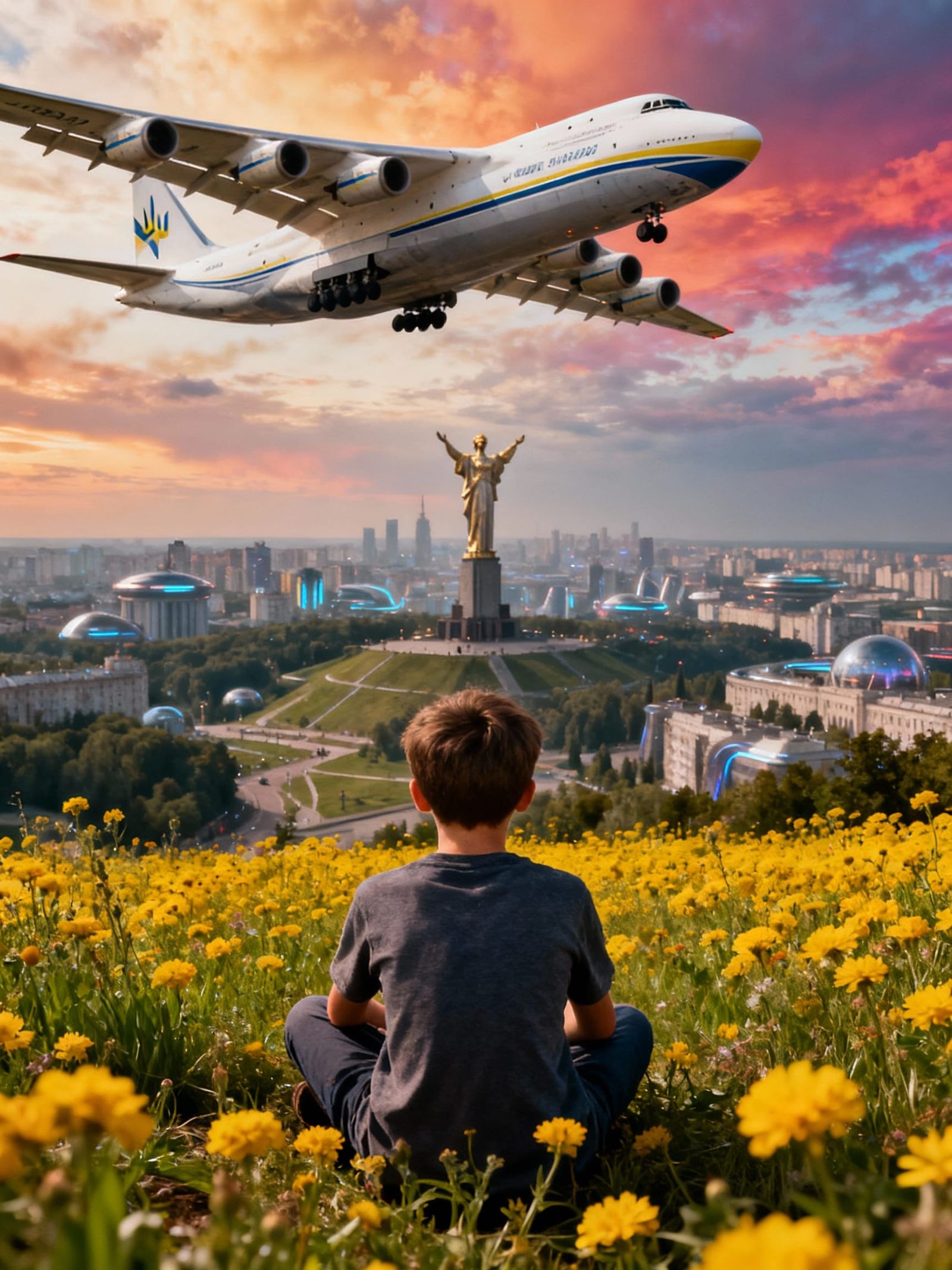 Futuristic Kyiv Meadow Scene with Boy and AN-225 Plane