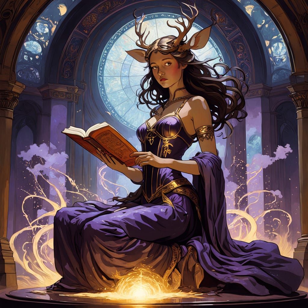Magical Glowing Woman and Fawn by Emitting Book
