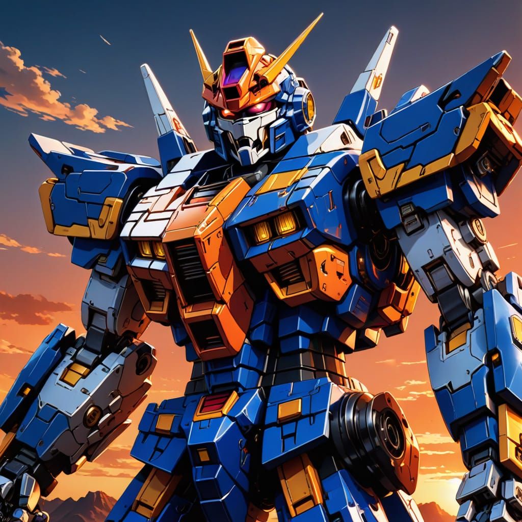 Manga-Inspired Gundam Mecha Standing Amidst Vibrant Sunset