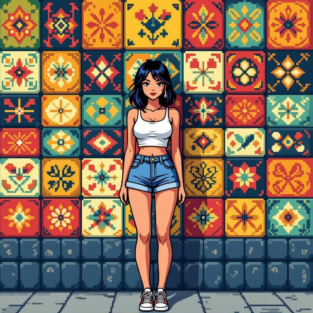Woman in Front of 8-Bit Pixel Art Wall