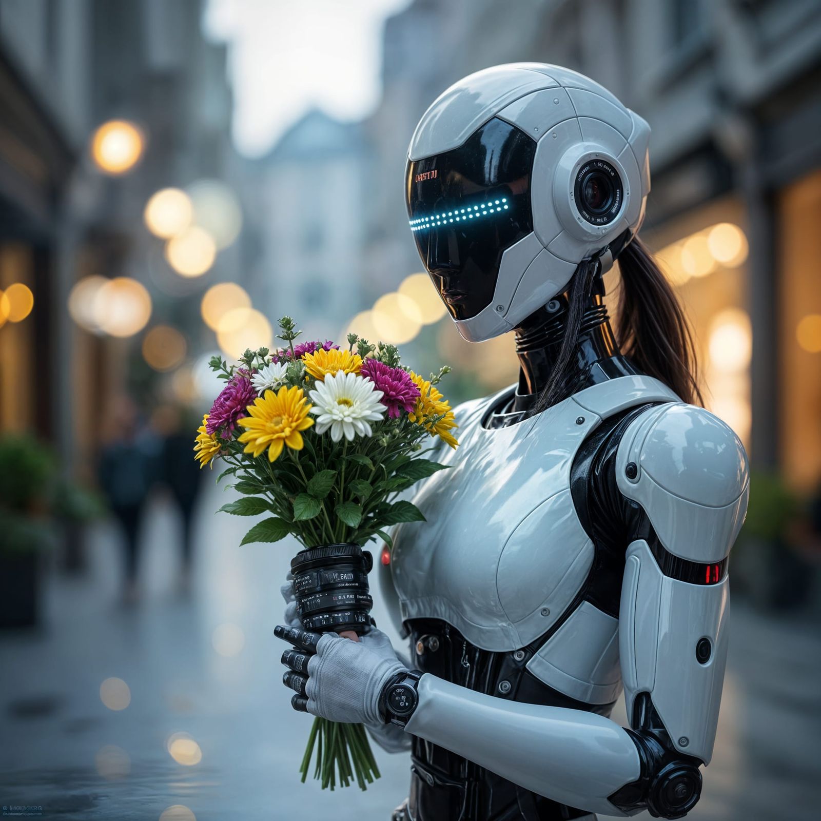 Hyperrealistic Android Woman with Flowers, Professional Phot...