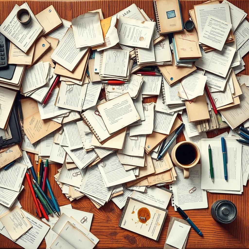 Cluttered Desk Overflowing with Papers and Pens