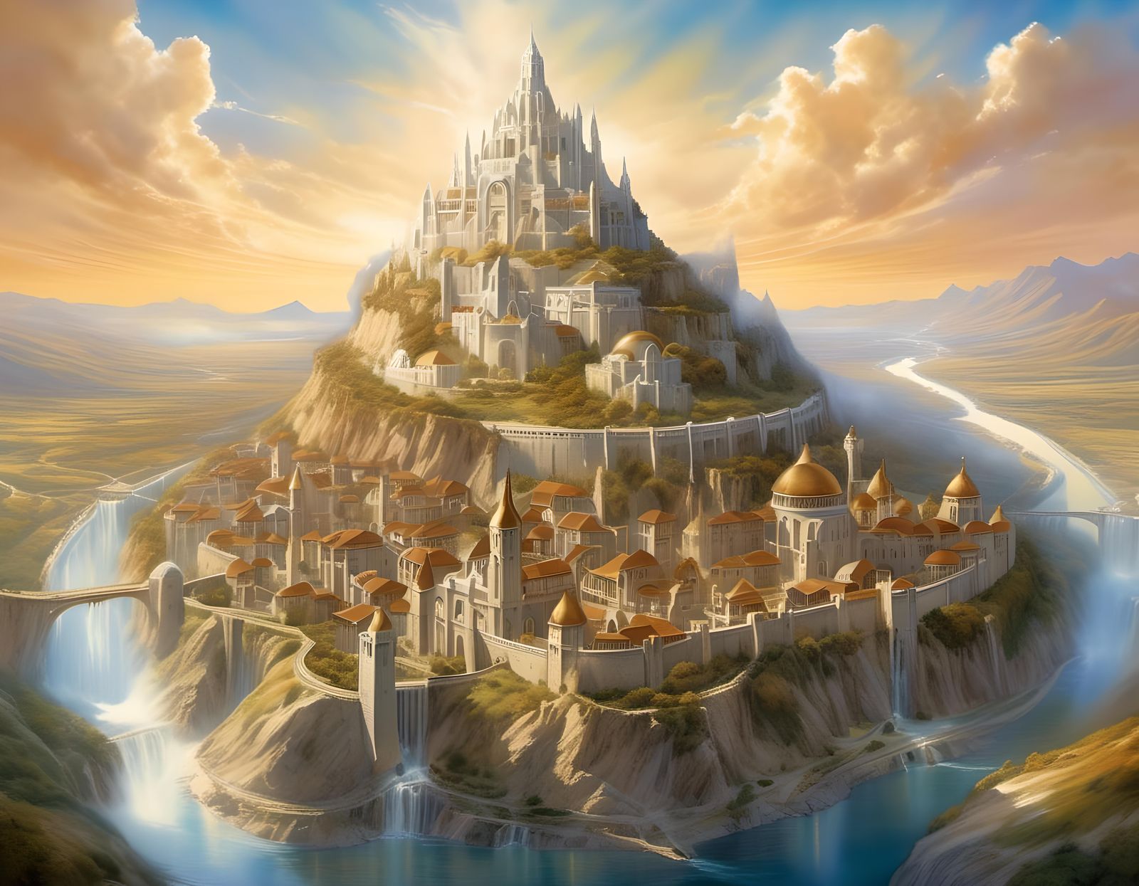 Minas Tirith: Stylized Watercolor Art Deco City