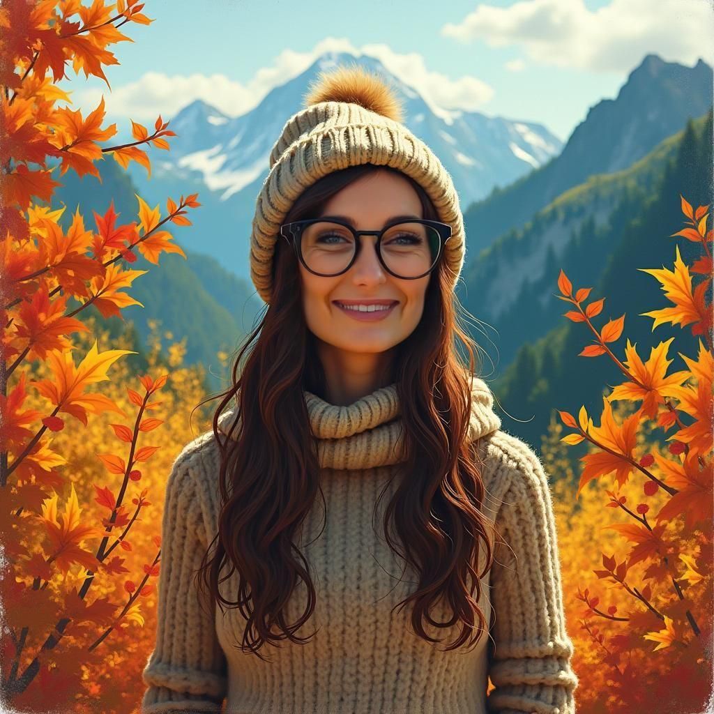 Woman with Large Glasses Admiring Fall Mountain Leaves