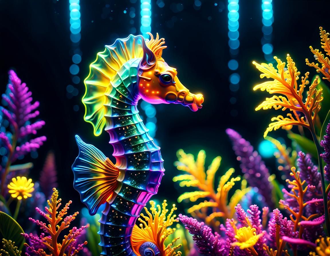 Neon Seahorse Underwater in Detailed 3D Render