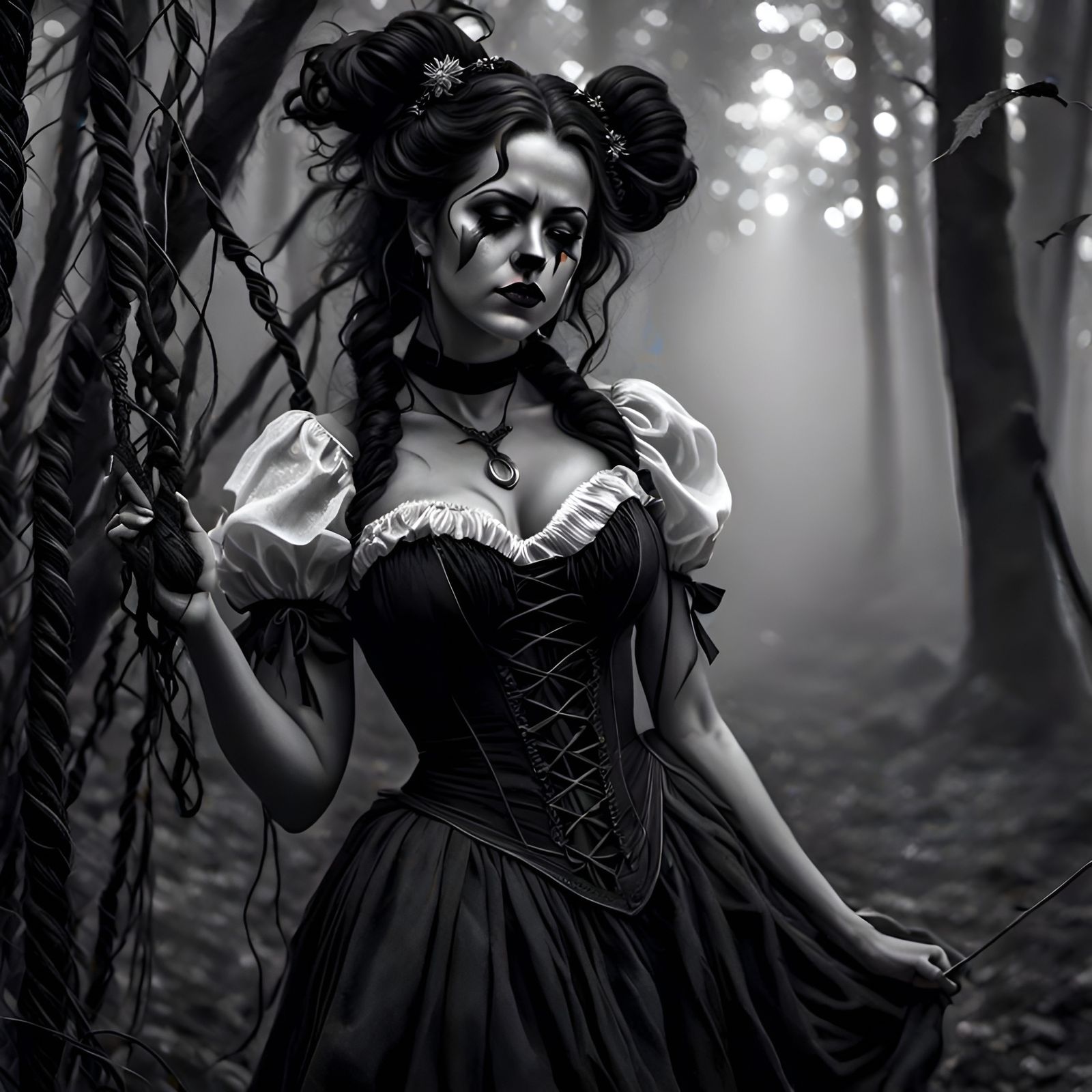 Ethereal Forest with Hanging Roots in Dark Mist