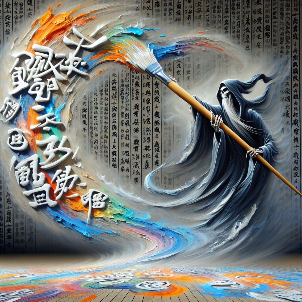 Grim Reaper Dances, Painting Calligraphy in Impasto Style