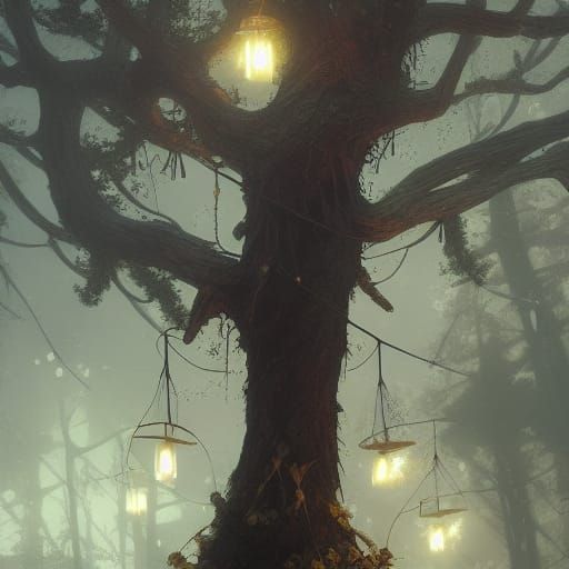 Skeleton Tree with Lanterns, Hyperdetailed Concept Art