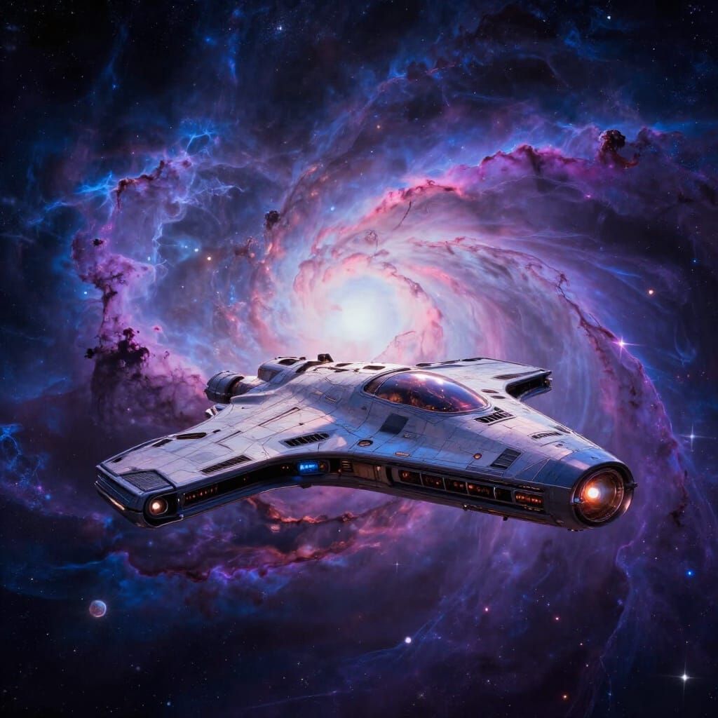 Futuristic Spaceship Approaches Vibrant Cosmic Nebula