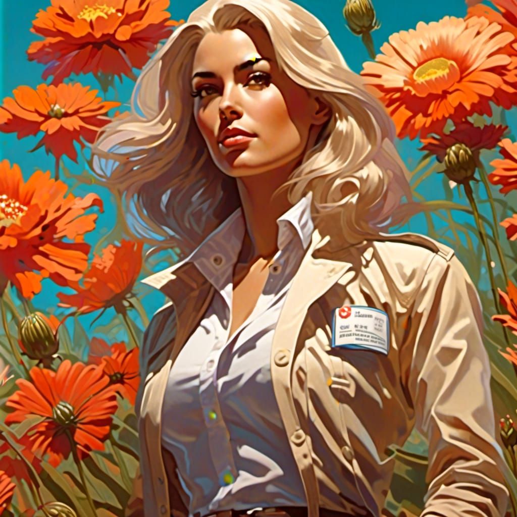Woman in Lab Coat in Flower Field, Digital Art