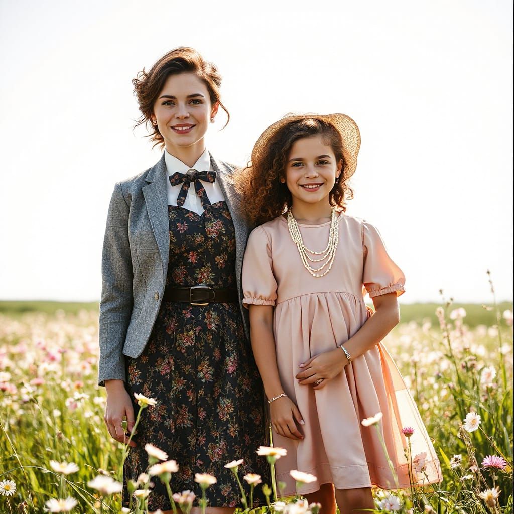 Elegant Mother and Daughter in Wildflower Meadow