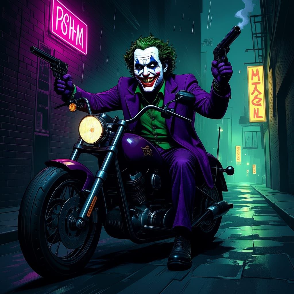 The Joker Rides a Motorbike With a Gun