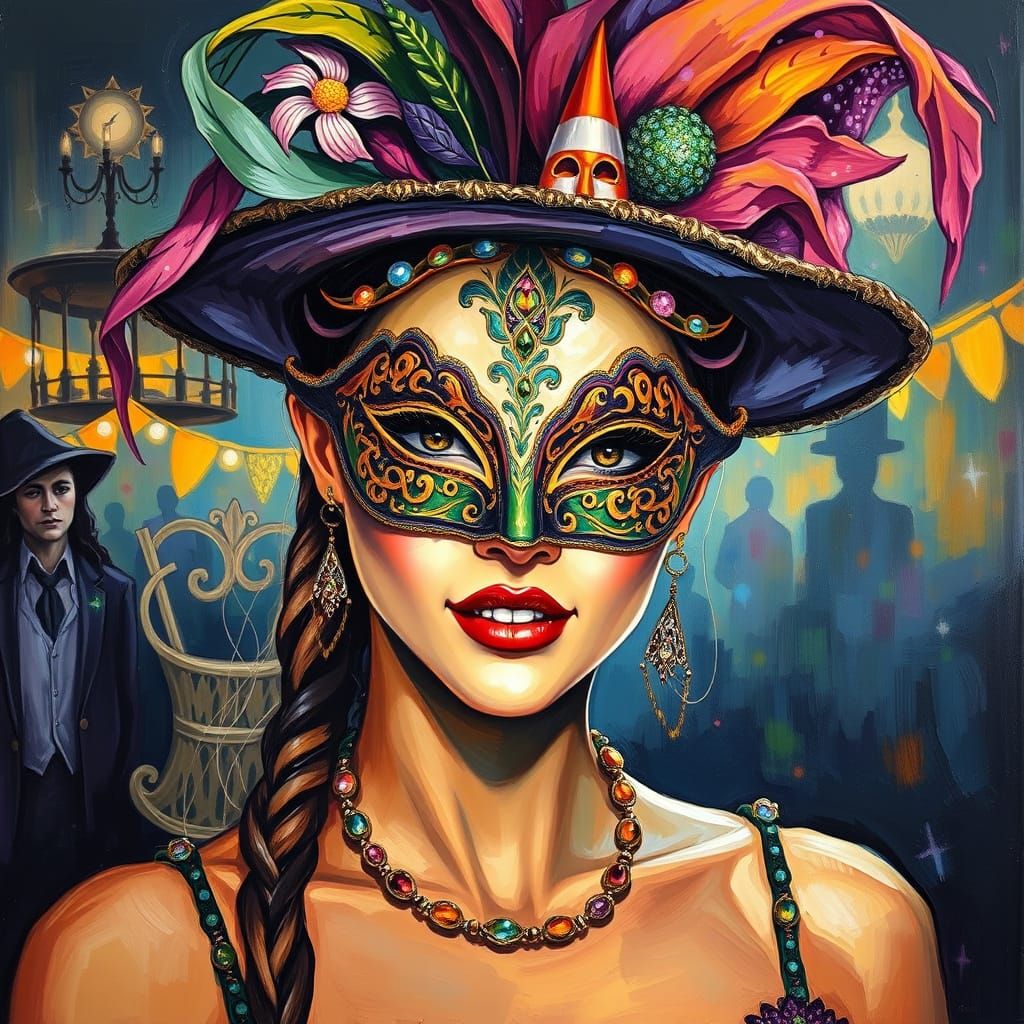 Impasto Oil Painting of Woman in Mardi Gras Mask