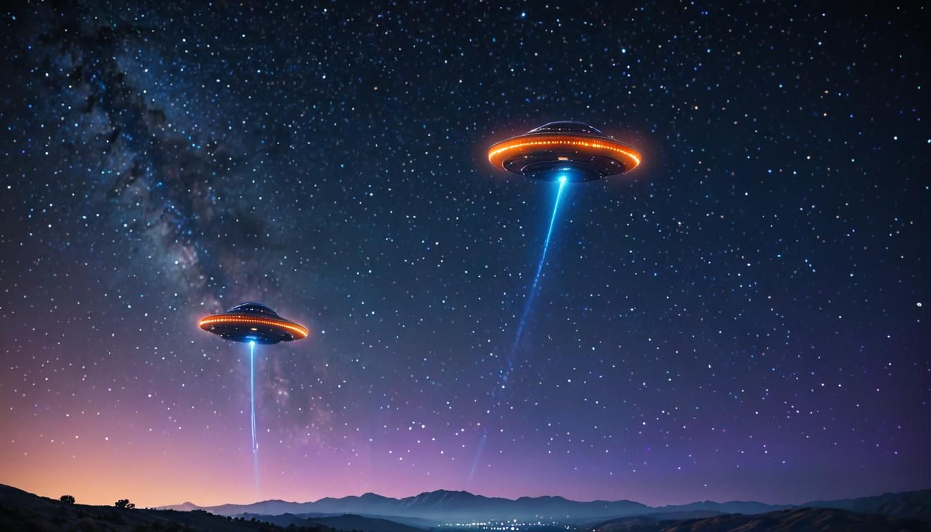 Two UFOs in Starry Sky: Cinematic Film Still