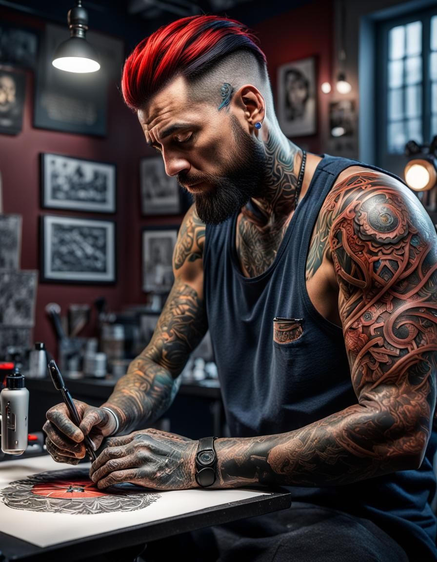 Tattoo Artist at Work: Detailed Digital Illustration