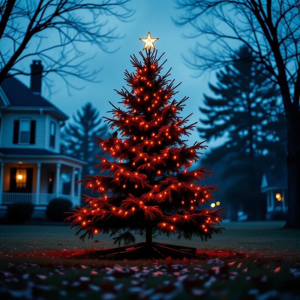 Atmospheric Haunted Christmas Tree Cinematic Film Still