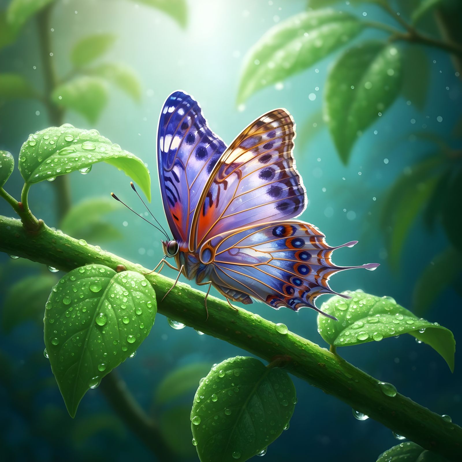 Colorful Butterfly Crawling on Dew-Kissed Branch