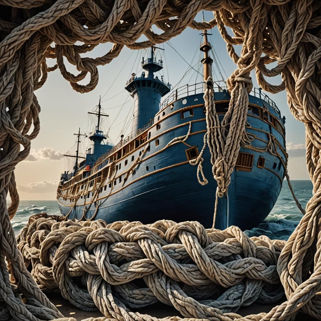 Surreal Rope Ship on Fabric Waves