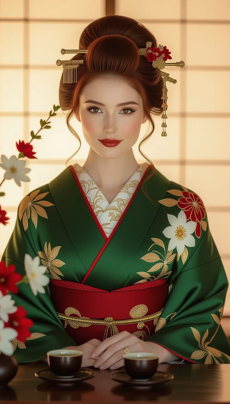 Elegant Woman in Kimono with Japanese Tea Ceremony