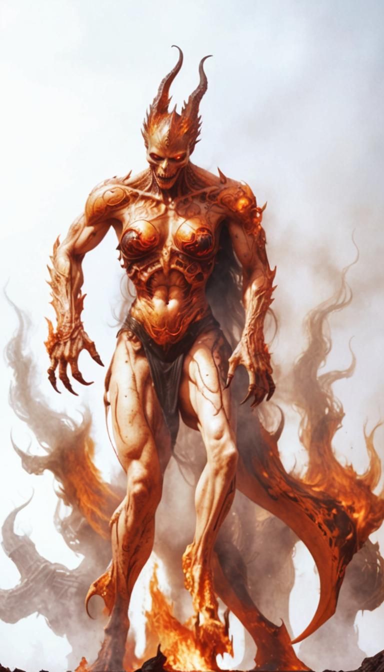 Tattooed Demon in Hellish Landscape