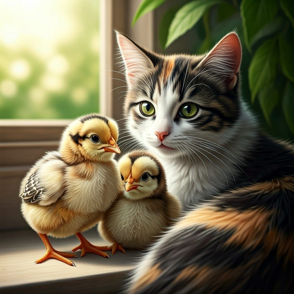 Surreal Hyperrealistic Scene of Baby Chickens and Calico Cat...