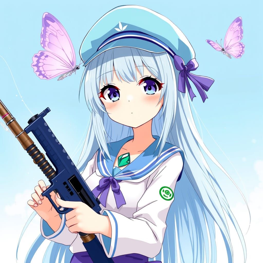 Anime Girl Enchanted by Majestic Purple Butterfly