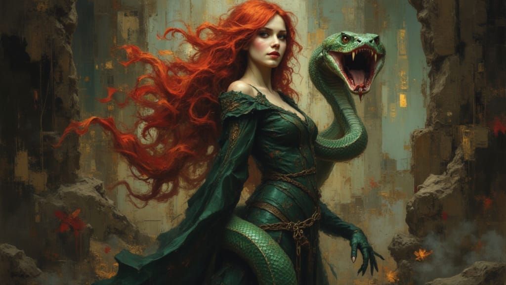 Sorceress with Cobra in Fantasy Horror Art Style