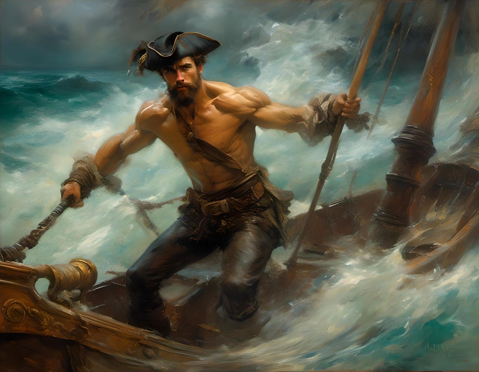 Handsome Pirate in Stormy Seas: Edwardian Pastel Painting