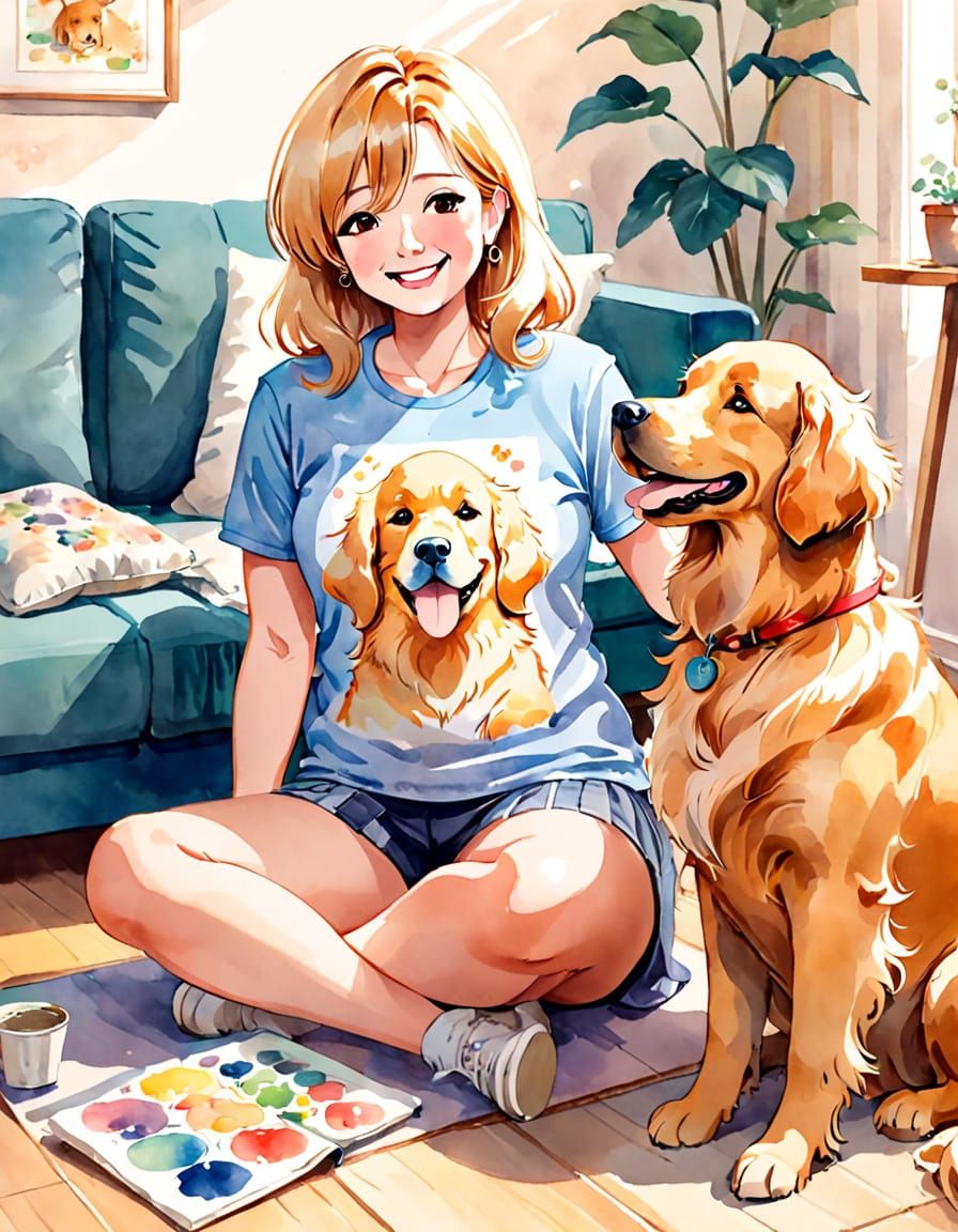 Woman and Golden Retriever in Watercolor Manga Style