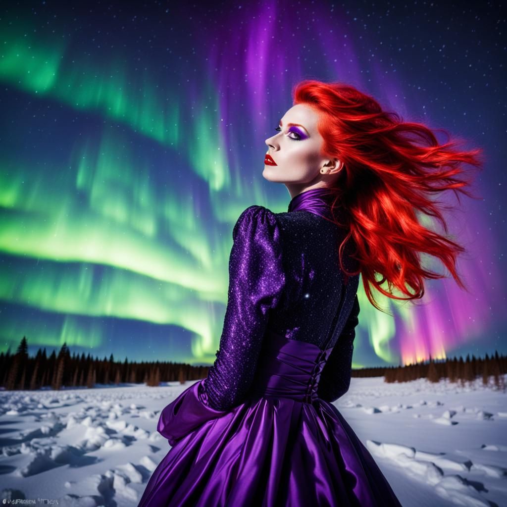 Woman in Red Gown Under Northern Lights, Expressionistic Sty...