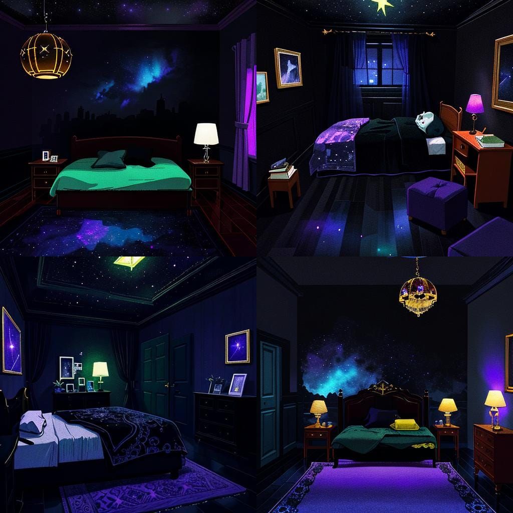Moody Art Deco Kid's Bedroom with Starry Walls
