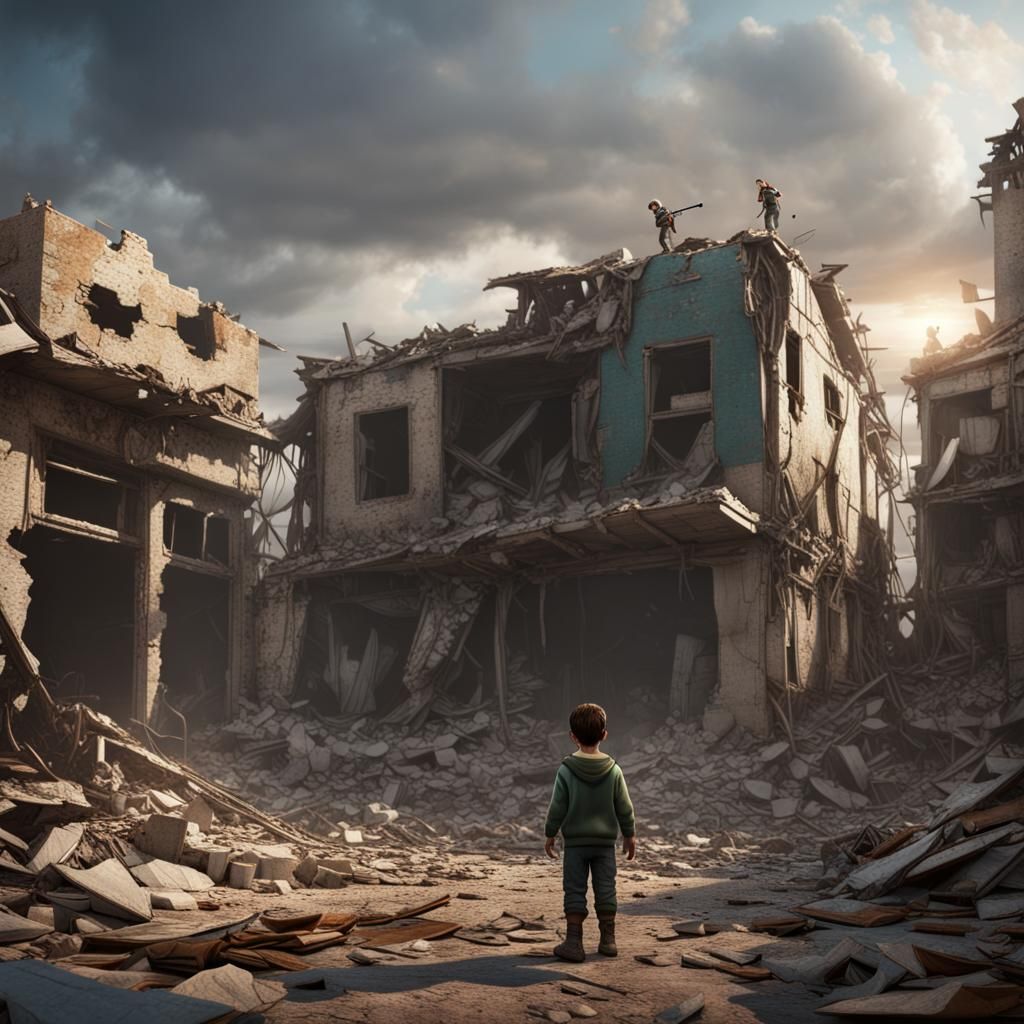 Child Amidst Rubble: Fantasy Concept Art