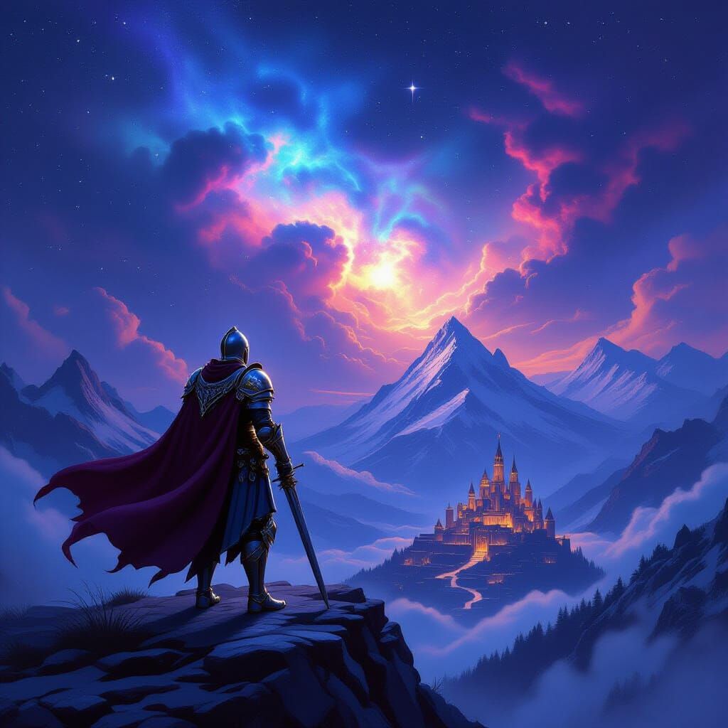 Knight Gazes At Nebula Over Fantasy Kingdom
