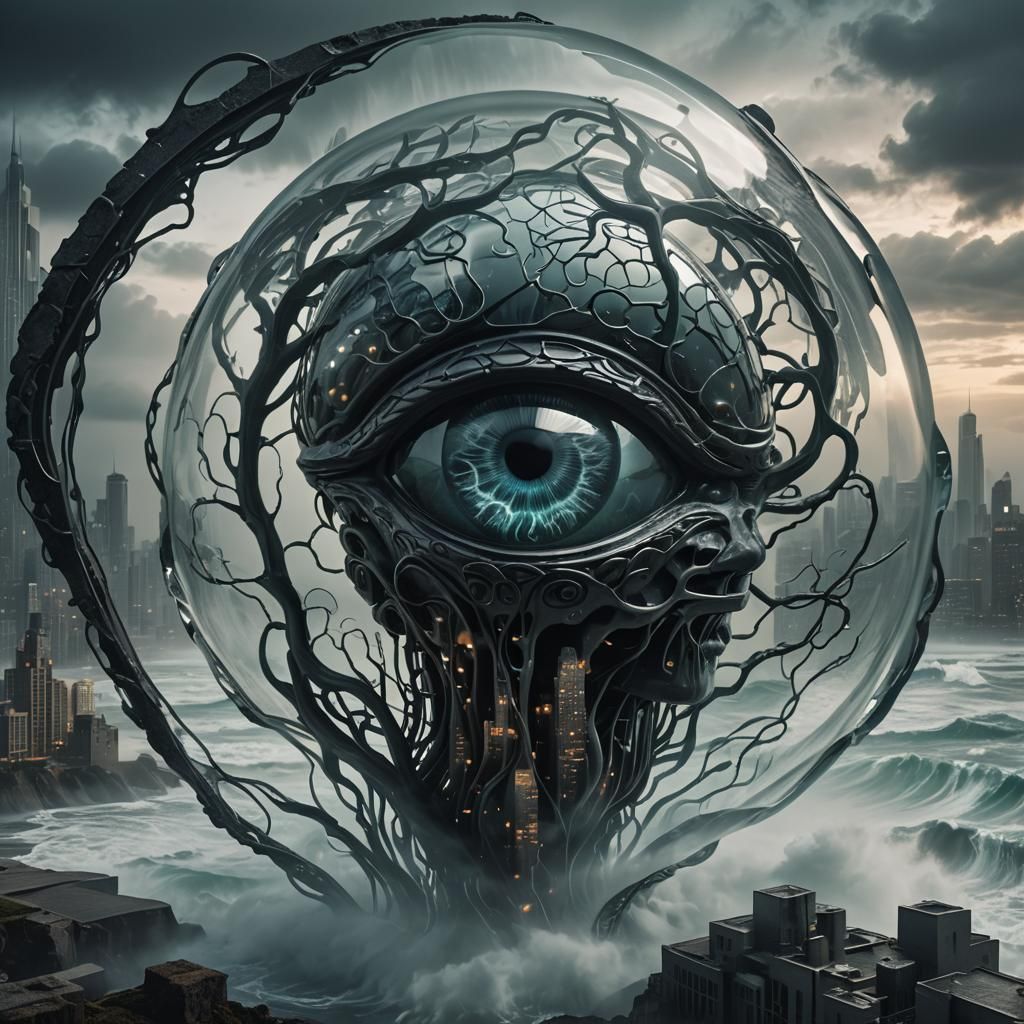 Eerie Glass 'A' with Brain in Dark Fantasy City