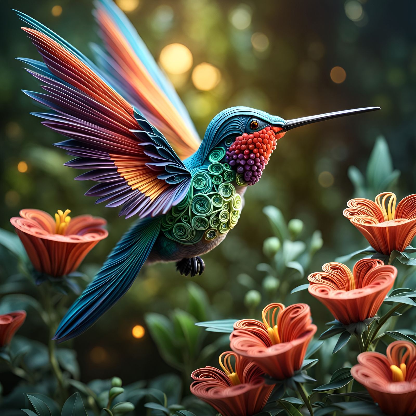 Paper Quilled Hummingbird in Detailed Matte Painting
