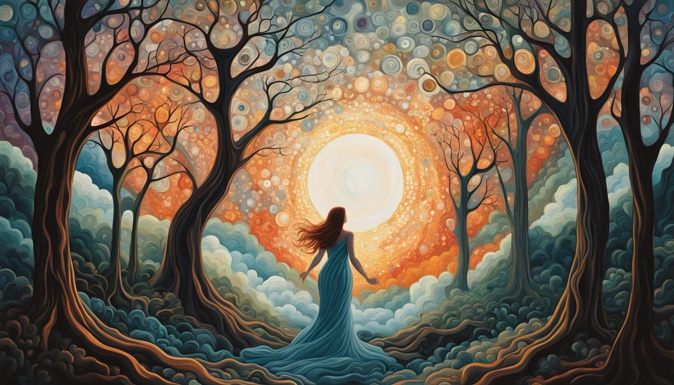 Mother and Father Earth in Dreamlike Stained Glass Forest