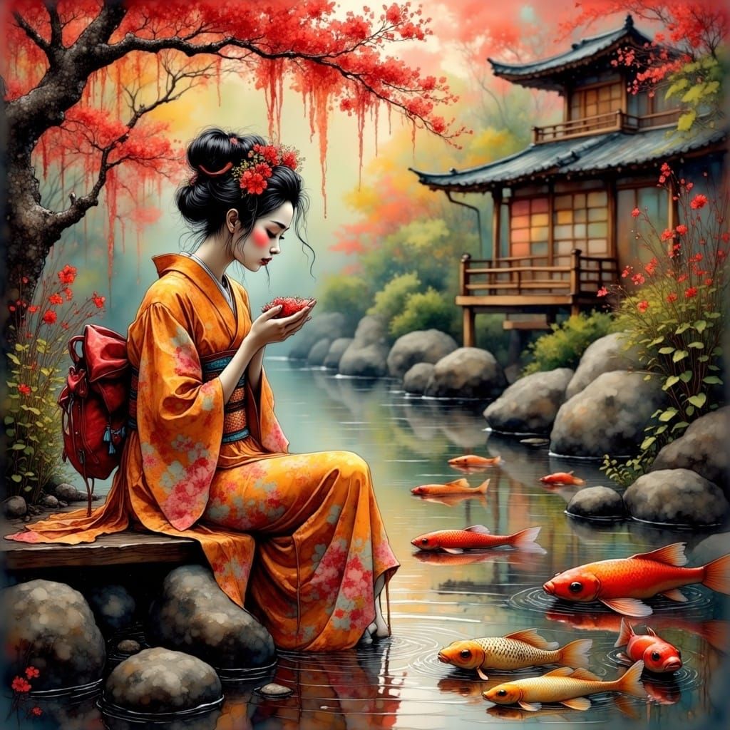 Traditional Japanese Geisha Girl in Elegant Warm Colors