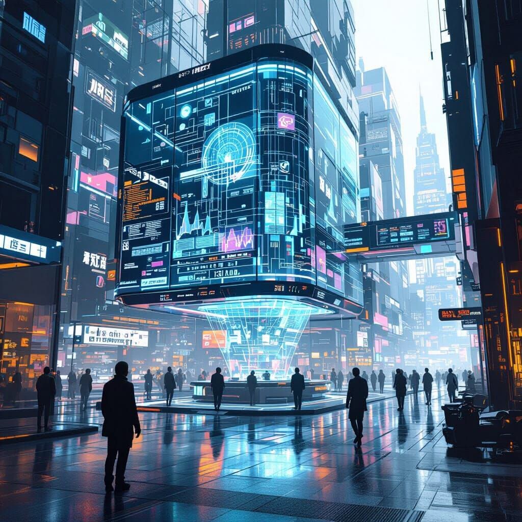 Futuristic Trading Platform with Holographic Screens