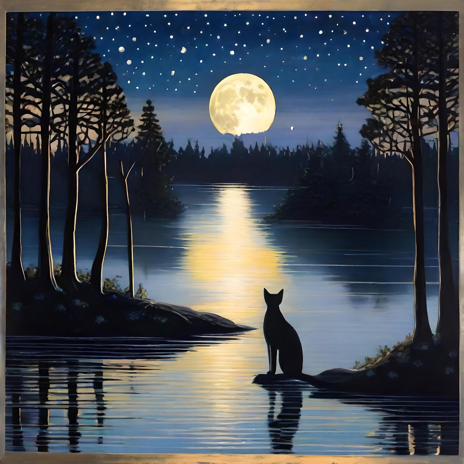 Watercolor Cat Contemplates Starry Night Sky