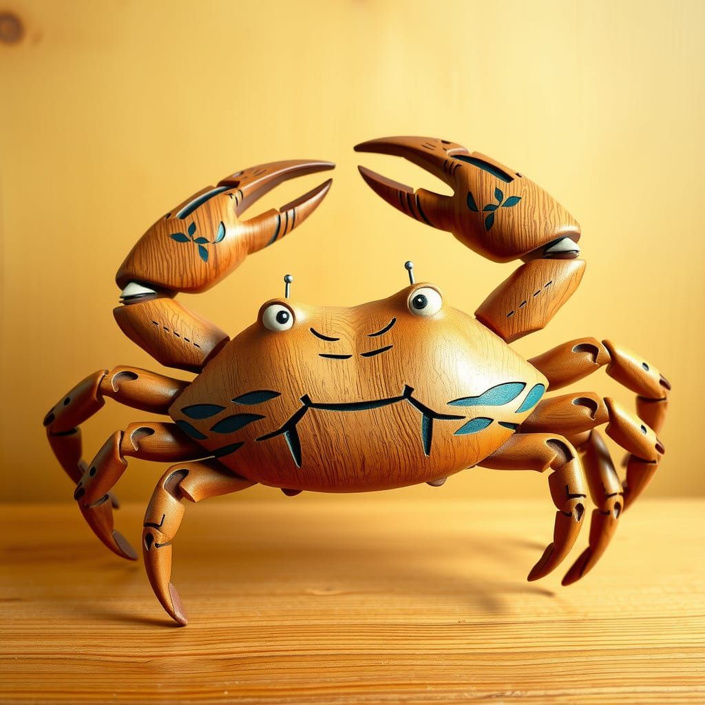 Intricately Carved Wooden Crab in Pop Art Style