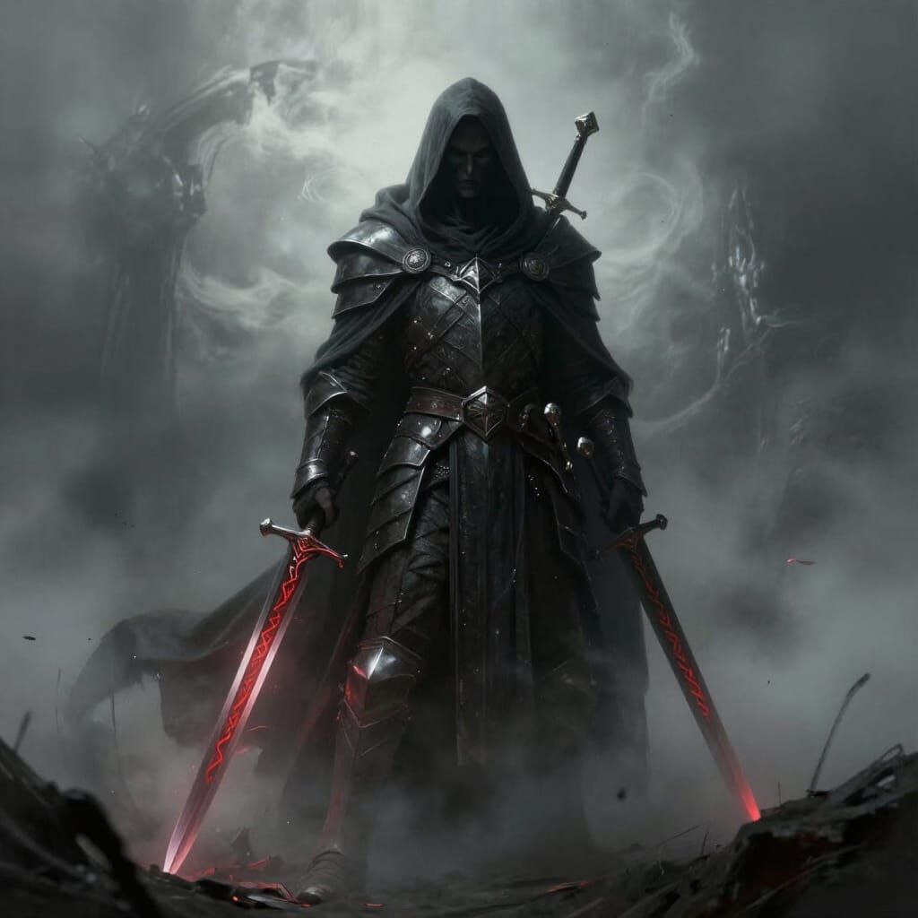 Grim Fantasy Magician Wielding Runed Swords