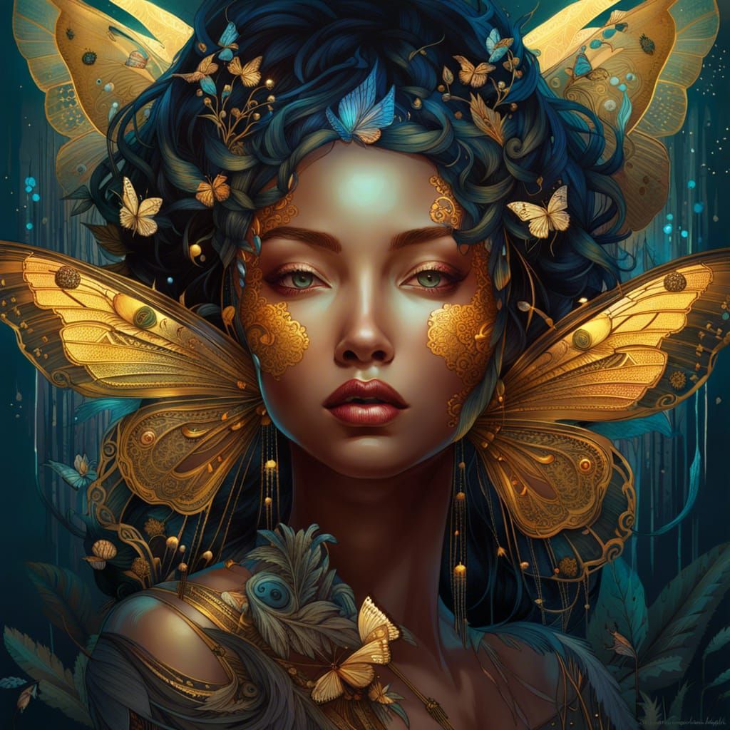 Bioluminescent Butterfly Queen with Golden Details