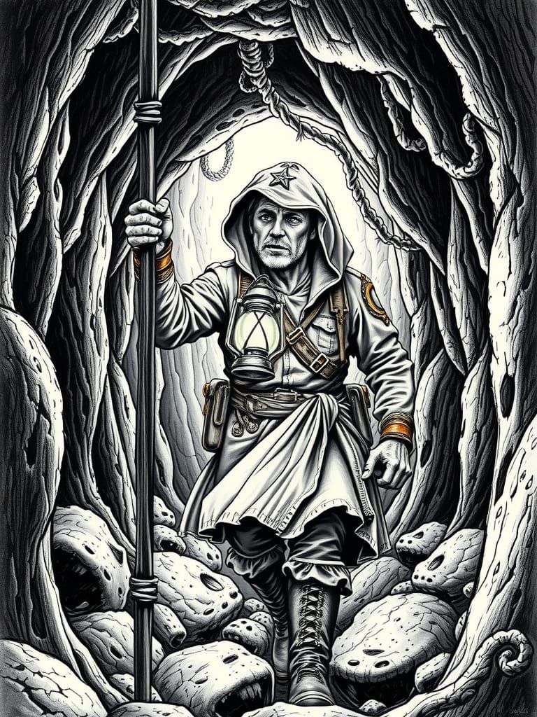 Explorer in Dark Dungeon: Black and White Portrait