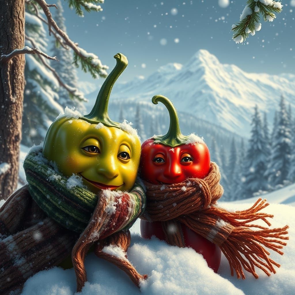 Chili Peppers Shivering in Snowy Winter Forest