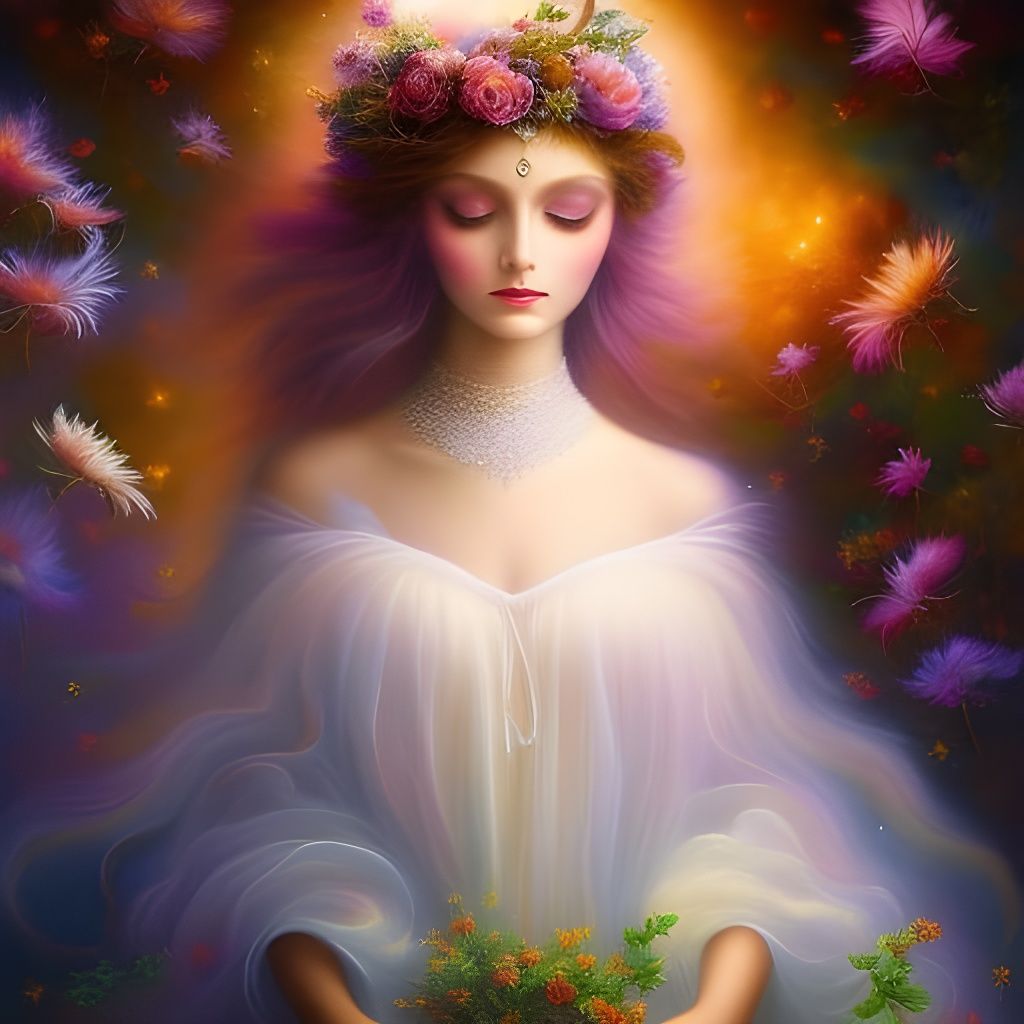 Ethereal Angel Portrait in Dreamy Sky, Digital Art