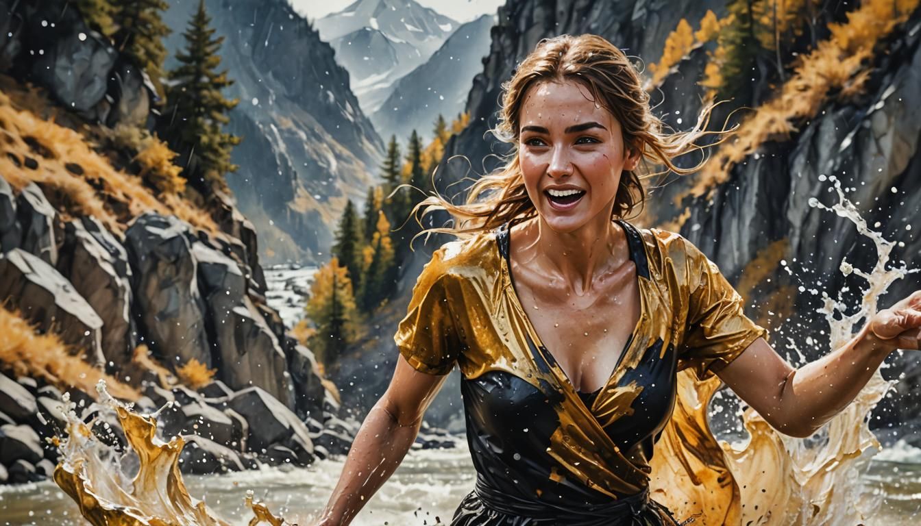 Watercolor Woman in Mountain Gold and Black, Digital Art
