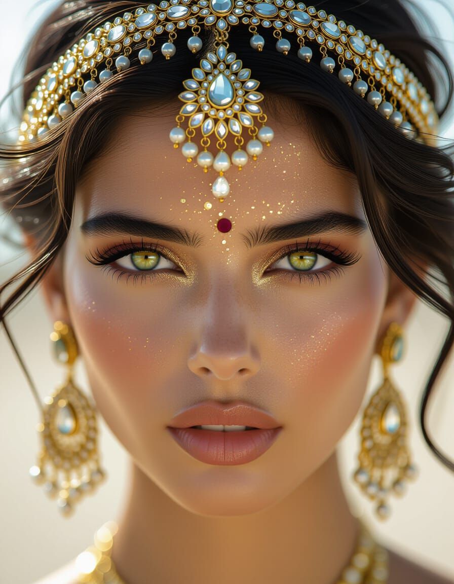 Intense Portrait of Sun-Kissed Person with Golden Headpiece