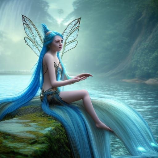 Blue-Haired Water Fairy by Waterfall, Fairytale Style