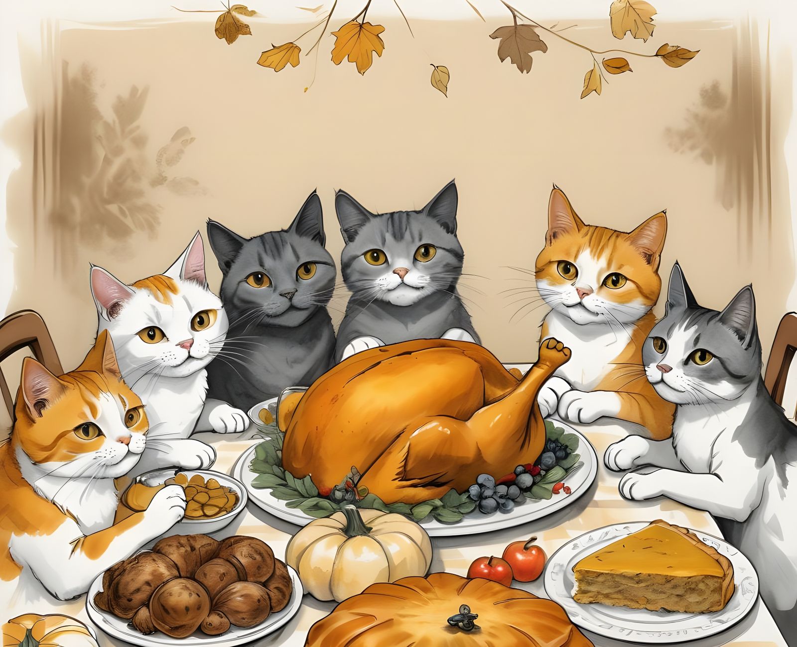Cats Celebrate Thanksgiving: Hyperdetailed Charcoal Drawing